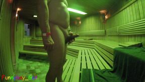 Dirty games with cock and asshole, sweating in a public light therapy sauna.