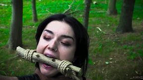 Naughty brunette slave ended up in the woods to get her punishment