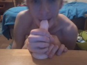 Skinny sexy teen sucks and deepthroats his 5 inch fake cock