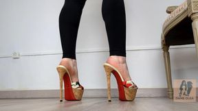 (545) Shoe Collection: Barefoot in Red Sole Platfom Mules and Leggings - Dame Olga (4K)