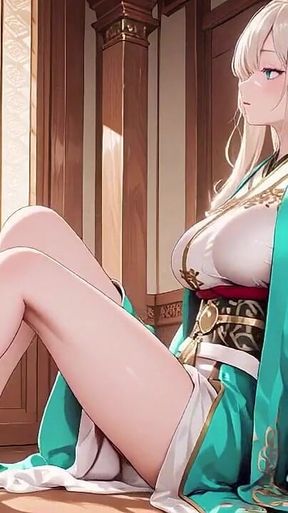 Blonde in a Green Kimono! Lazy Terrace Reading, off-shoulder Design Is Too Sinful!