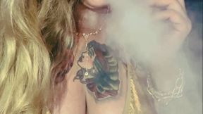 Newport - Lady Smoker in her Golden Bikini - Deep Inhales, Nose exhales, Long drag, Smoke rings, Cough, Long blonde hair, Long red nails, Red lipstick