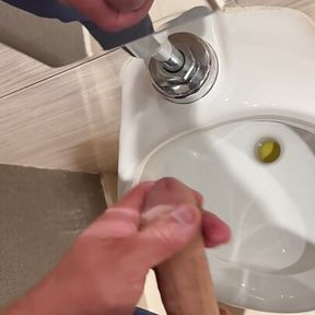 Cuckold husband plays in public bathroom