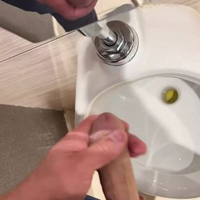 Cuckold husband plays in public bathroom