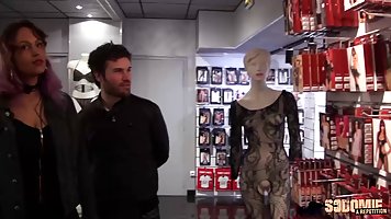 French babe with purple hair is fucking her boy toy while he is licking her nipples