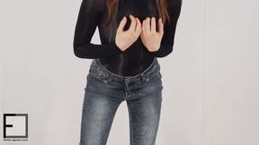 FxF 00040 00083 Coming home from a day in the city, she want to try on the lingerie she bought... on top of the nylon catsuit she's been wearing all day!