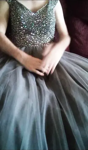 Girl&#039;s gray ball gown prom dress makes my cum fly