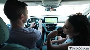 Hitchhiker pays the naughty driver a blowjob