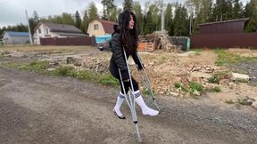 Lia walking on crutches, metal crutches walking, leg cast, twisted ankle, one shoe walk, broken leg walking