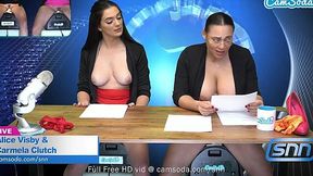 Latina milf and teen ride sybian while broadcasting live news masturbation show