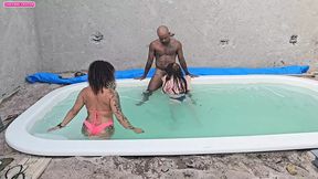 Masturbating by the pool with hardcore double penetration ending in messy internal cumshots