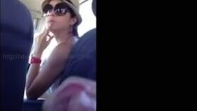 Talkative hottie does not notice dude jerking his dick on the backseat