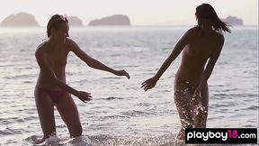 Petite lesbian asian teen Cara Pin and naked Czech GF watching the sunset