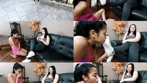 SMELL MY STINKY FEET AND SOCKS - GODDESS LETICIA MILLER & LITTLE SLAVE KATITA - EXCLUSIVE LM VIDEOS JULY 2025 - CLIP 1