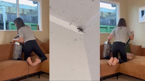Suntan Pantyhose Housewife Vacuuming - Spots Spider. Powerful Suction. Continues Vacuuming Couch.