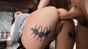 Bella Blue gets oiled up and sodomized in the kitchen