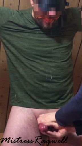 Femdom Mistress tied her Sub and gives him Rough Handjob with 2 Ruined Orgasms