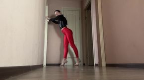 Asmr Mistress in Latex and Red Leggings Strides Across the Room