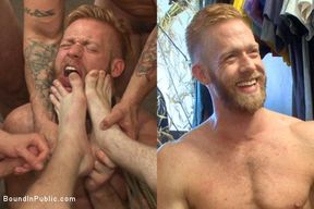 Muscled stud worships feet and takes cock after cock in bondage