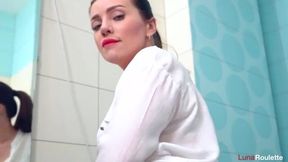Unexpected Bathroom Encounter: Luna Roulette's Pantyhose Adventure