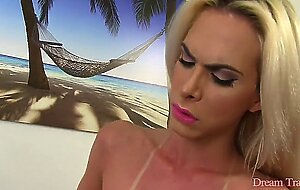 Blonde Shemale Barbara Perez Sits Her Ass on a Rubber Cock