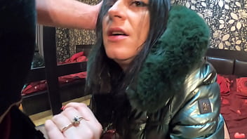 Green Downjacket Blowjob &ndash_ Shiny Fetish &amp_ Cum on Coat