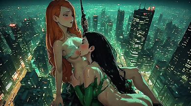 Kim possible and Shego Lesbian sex at the top of the building and inside a helicopter - generated by AI