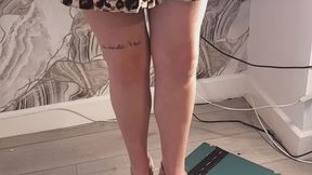 Giantess goddess WinnieLouxo Crushes a Ford Mustang GT350 in gold wedges with painted toenails high right leg view plus box of broken cars stomping