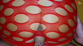 She was fucked through a hole in a red outfit