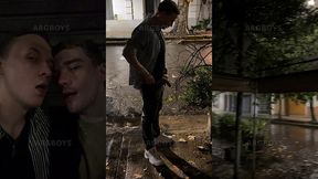 risky extreme couple jerk off outdoor in public under the rain (very romantic)