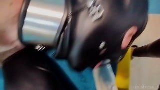 Hogtied slave really likes to suck strapon! Real amateur POV