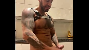 Latino gay pornstar in harness and leather panties in the kitchen fingering my cock - VIKTOR ROM -