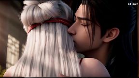 blindfolded silver hair beauty meets the masked stranger.e4.ai-generated