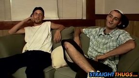 Horny boys Ajax and Cg loves wanking on living room couch