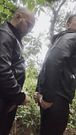 Having horny fun at the forest with leather clouths on,  huge creampie, and cum in mouth.