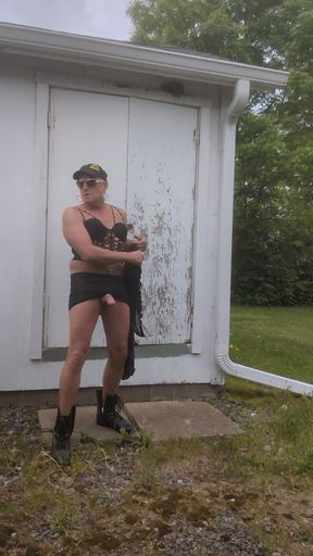 Mature crossdresser outdoors masturbation cum kicking