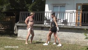Dyanna and Tatjana are playing in the garden! Ballbusting wmv