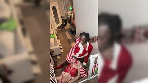 Pregnant Snow Maiden sucks black cock from Santa Claus and gives to fuck in the pussy in the style of doggy
