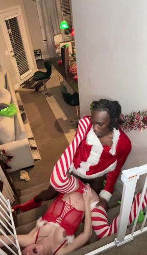 Pregnant Snow Maiden sucks black cock from Santa Claus and gives to fuck in the pussy in the style of doggy
