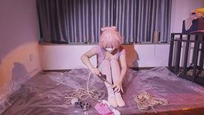 Gymnastics-clad girl struggles in self-bound position