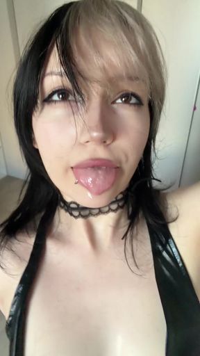 Petite girl with small tits drools as she shows off her tongue
