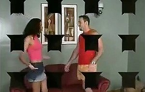Hot trio banging on red sofa