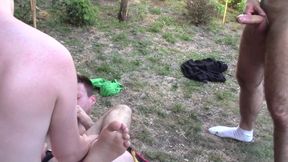 Philip fucked bareback by 2 top boys in the garden and creampied