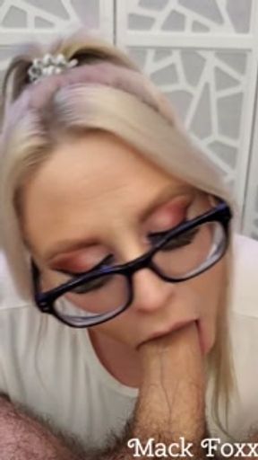Chubby blonde gives sloppy blowjob in glasses