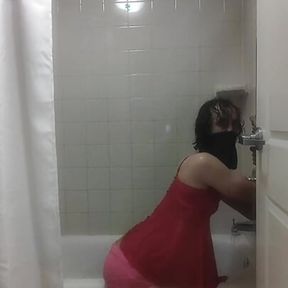 Crossdresser Outfit Try-On in Shower tub grinding and dry humping