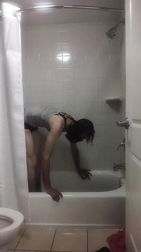Crossdresser Outfit Try-On in Shower tub grinding and dry humping