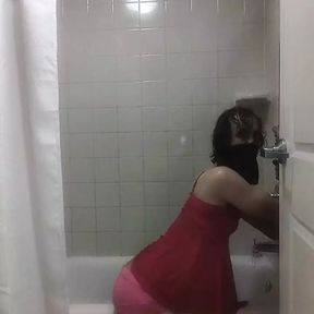 Crossdresser Outfit Try-On in Shower tub grinding and dry humping