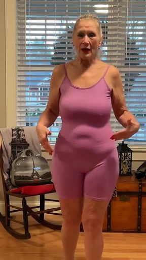 Nude GILF Model Dani D Mature Try on #1 (tight Purple Bodysuit, Leopard Print Bodysuit)