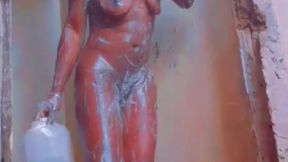 Sexy African Ebony Showers Outside While Neighbors Sing Next Door
