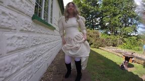 Wedding Dress, Boots and Stockings Outdoors